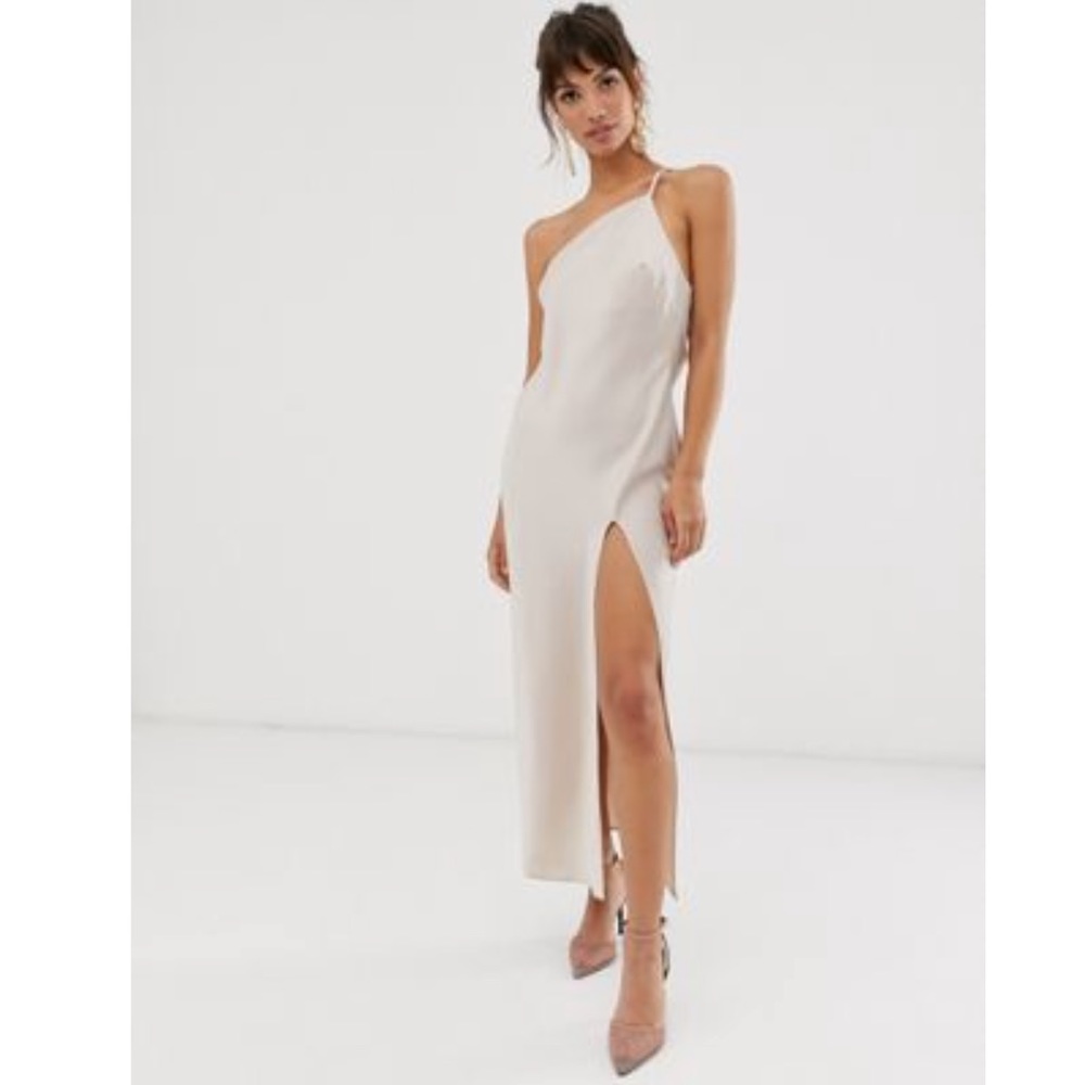 ASOS DESIGN one shoulder satin midi dress with drape back, off white, size 8